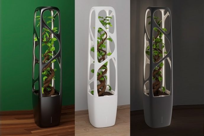This smart self-watering indoor planter is a futuristic appliance that is almost sculptural in nature