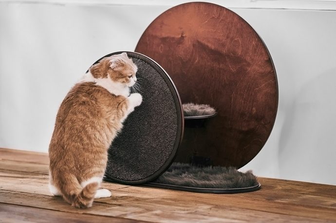 A minimal wooden cat scratcher that doubles up as a cozy chilling spot for your pets!