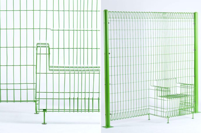 This chair constructed from steel wire is hardly recognizable from the chain-link fence it’s built into!