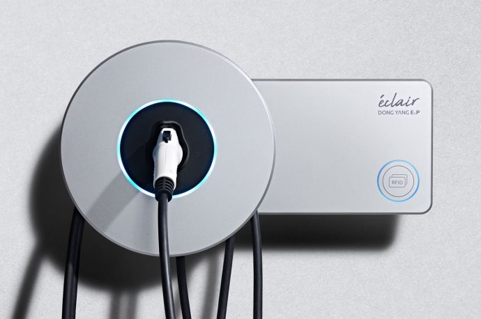 A compact electric vehicle charger perfectly emulates futuristic sleek EV designs