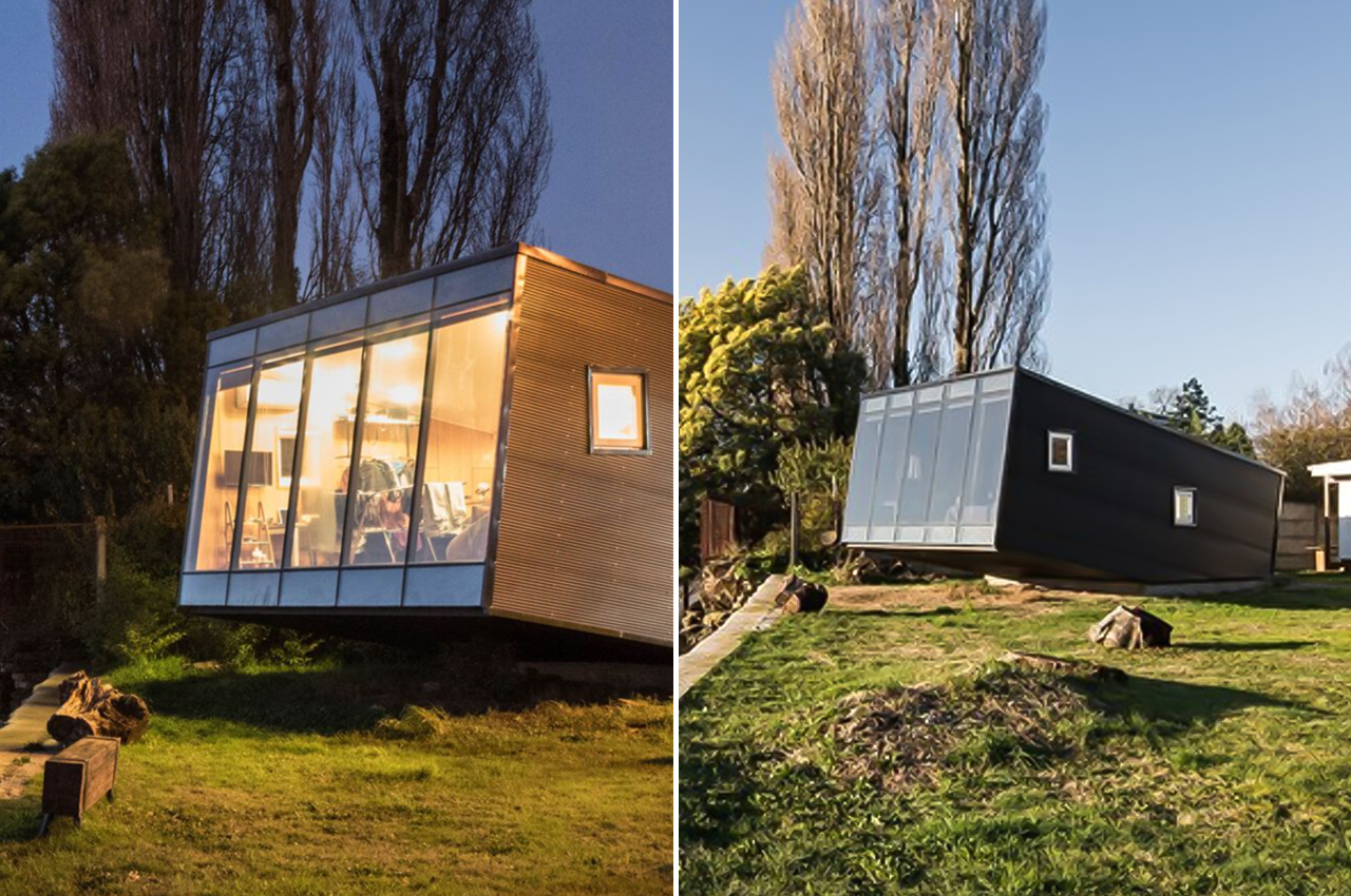 This tiny home sports a unique shape and open-plan interior to suspend guests over the river’s edge!