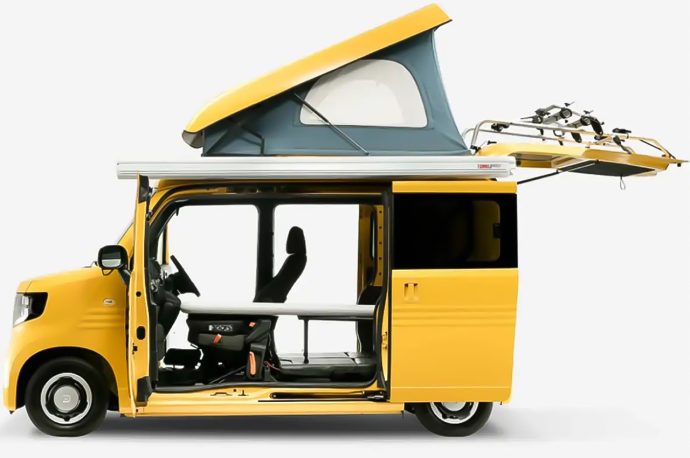 Unique to Japan, the tiny Honda N-Van Compo comes with a roof tent and amazingly fits 4 people