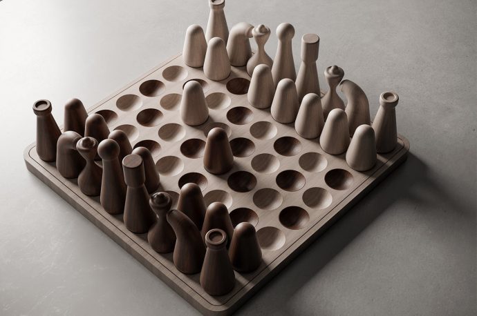 A minimal wooden chess board inspired by the Yoruba game Ayo merges two games in one