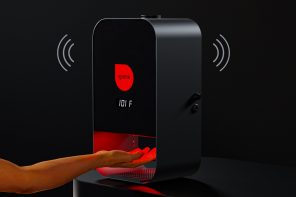 This Mac Pro-inspired tabletop device simultaneously reads your body temperature and dispense sanitizer gel