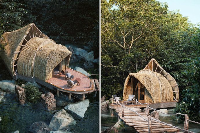This bamboo glamping cabin located on a babbling brook has the most picturesque views!
