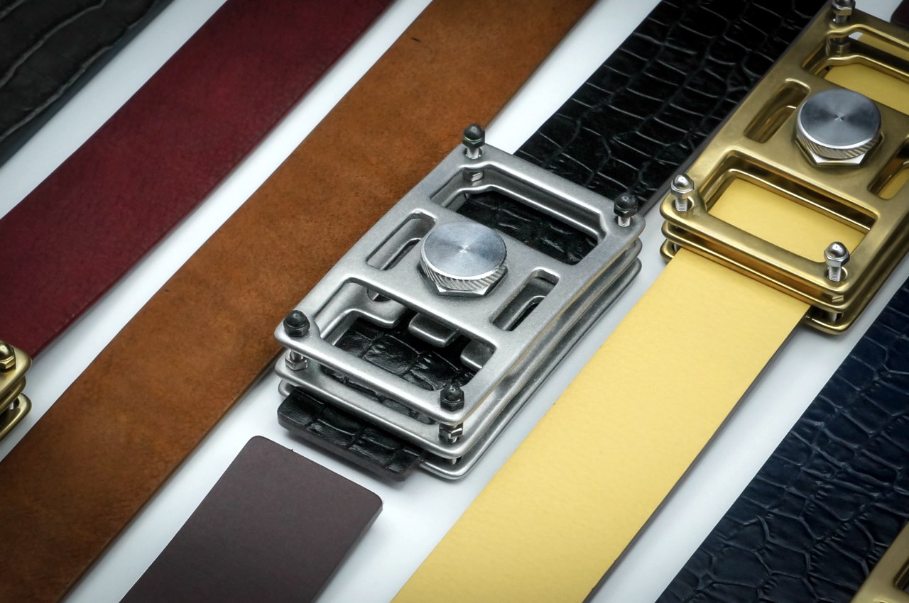 Creative hipster belt design uses a tiny industrial vice grip for a buckle