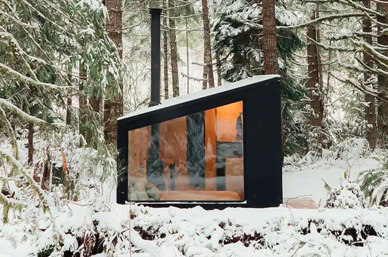 A tiny cabin inspired by the Japanese concept of forest bathing is designed to immerse guests in nature