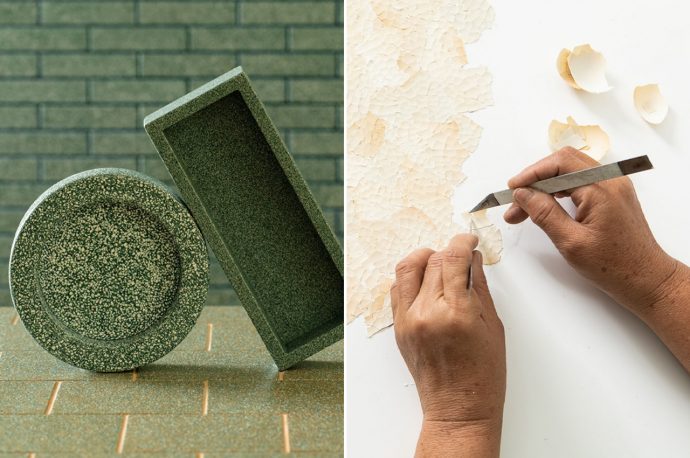 Made from eggshell fragments, these bioceramic tiles are designed to mitigate the effects of biowaste