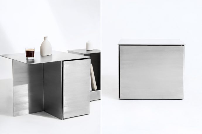 Three modules comprise this minimalist stainless steel furniture set to reveal hidden storage compartments