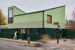 This prefabricated steel structure is a multipurpose communal hub that can be flat packed like IKEA furniture