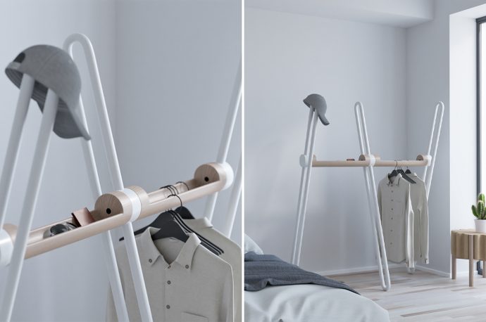 This multifunctional coatrack made from wood and metal finds flexibility through a minimalist design