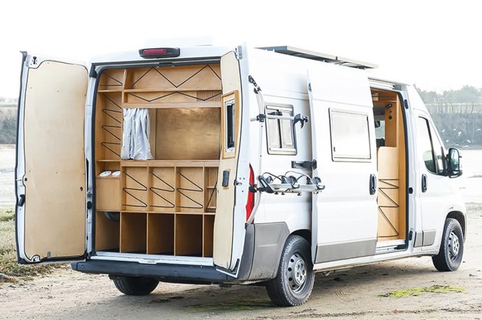 An old Peugeot Boxer van was gutted and transformed into this off-grid mobile office