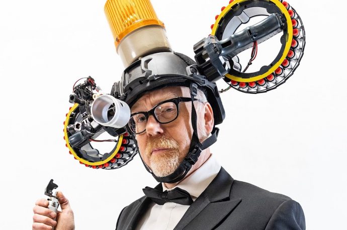 Adam Savage builds a delirious head-mounted Nerf Blaster with laser sight