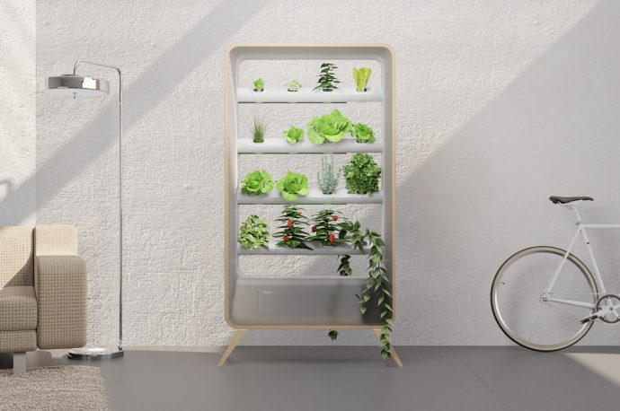 This vertical indoor garden uses aeroponics to cultivate plants without soil or growing medium