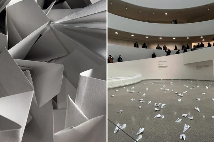 350 paper planes were floated from The Guggenheim’s top floor calling for a no-fly zone over Ukraine
