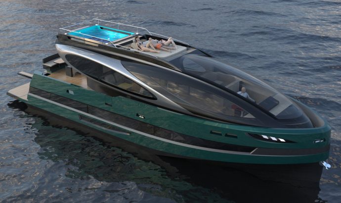 Lazzarini Design’s spaceship-styled yacht holds a panoramic rooftop jacuzzi
