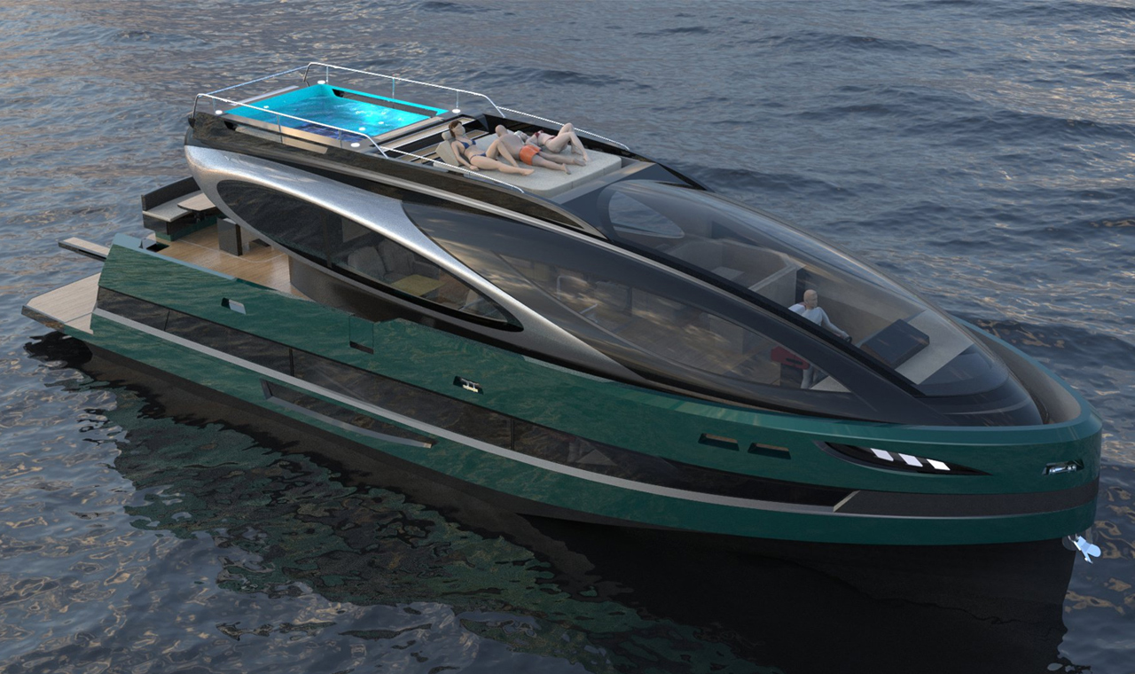 Lazzarini Design’s spaceship-styled yacht holds a panoramic rooftop jacuzzi