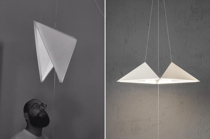 Origami Lamp looks like two hanging pyramids but is really inspired by a lizard’s head