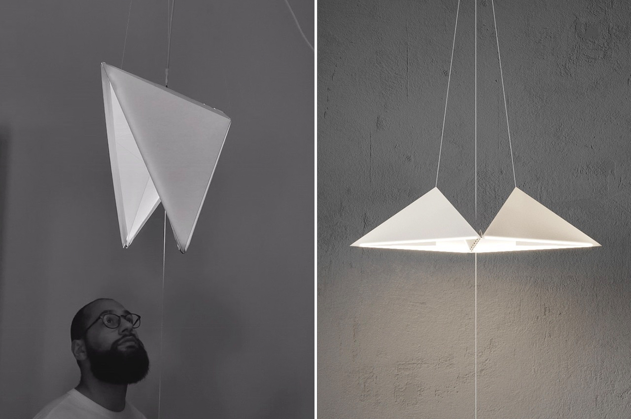 #Origami Lamp looks like two hanging pyramids but is really inspired by a lizard’s head