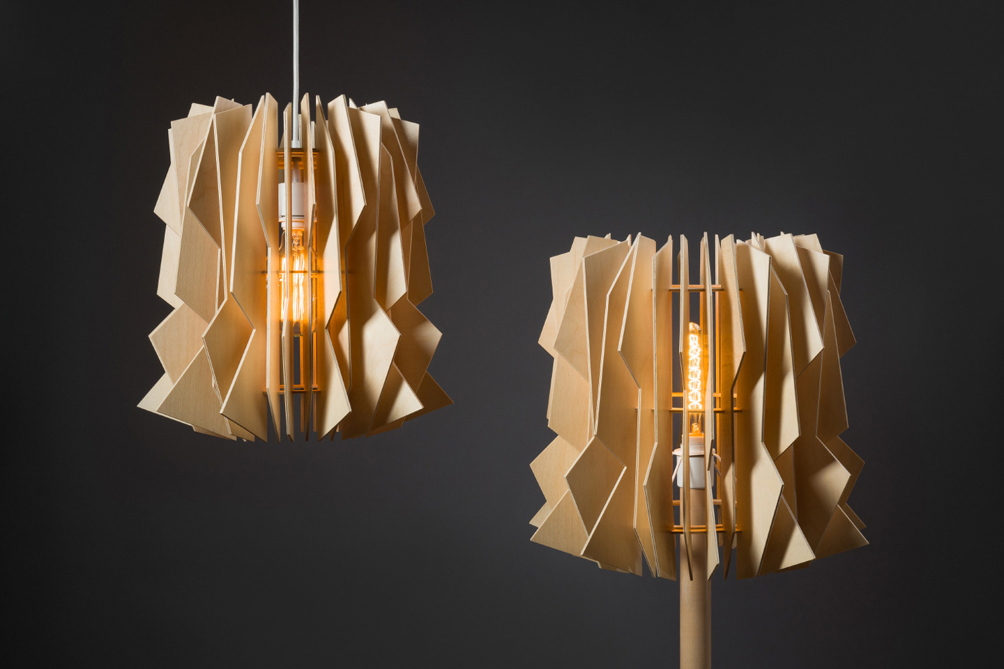 These laser-cut flat-packed wood panels assemble into a beautifully edgy tornado-inspired lampshade