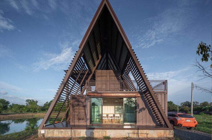 This Container Cabin made from stacked containers is nestled in a former paddy field