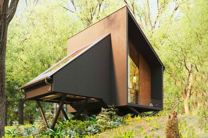 This tiny timber home is a twist on A-frame cabins defined by bio-philic design