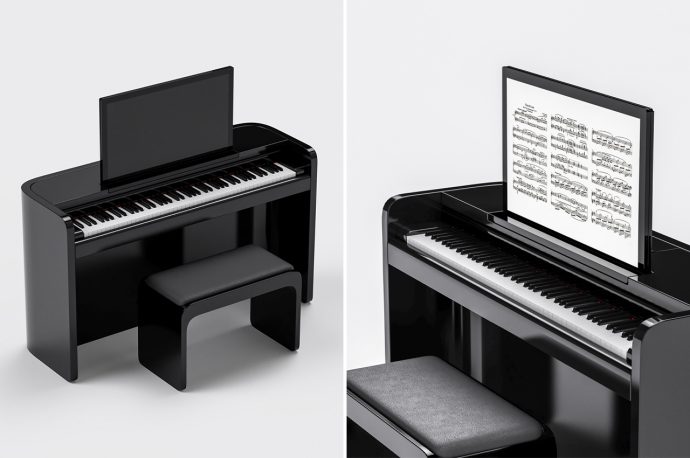 This upright piano features a built-in HD display screen for easy playing and learning