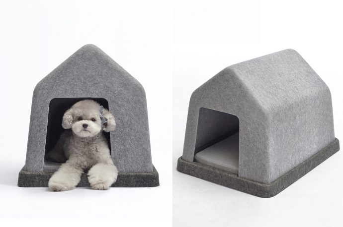 This minimalist, unibody dog house is made using hot press machines from metallic elements + felt coverings