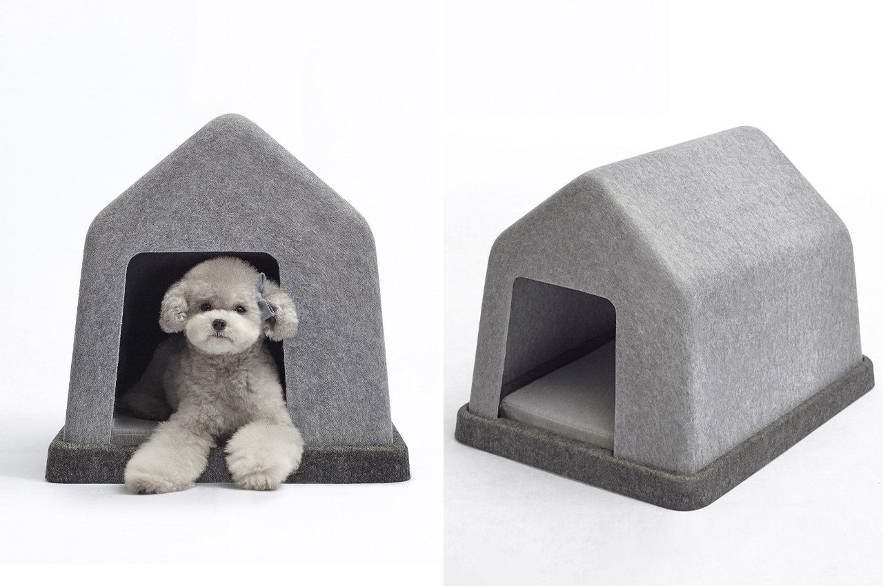 #This minimalist, unibody dog house is made using hot press machines from metallic elements + felt coverings