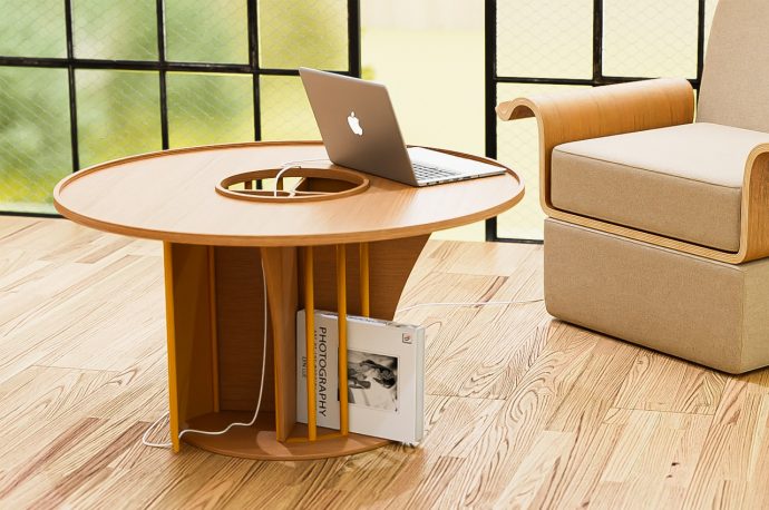 This wood and metal coffee table tries to gather people around in an odd way