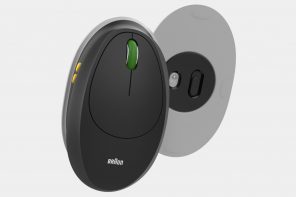 Braun mouse swivels on its tilted base for ergonomic right or left handed use