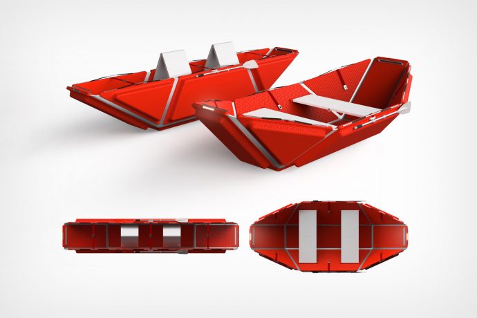 Origami lifeboat can be flat-packed while storing, and opened on command