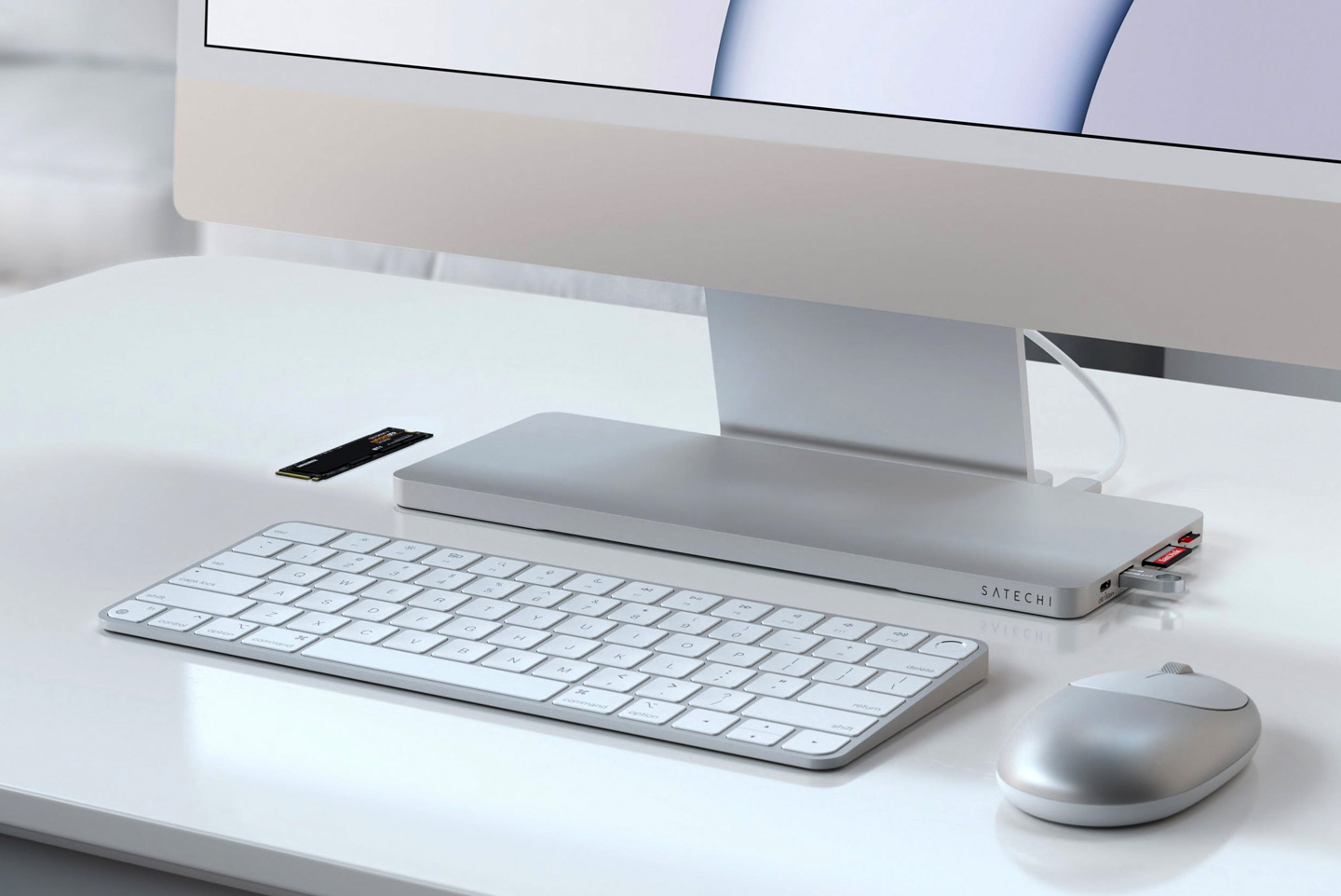 #The Satechi Slim Dock sits perfectly on your Apple iMac’s base, giving you extra storage and ports