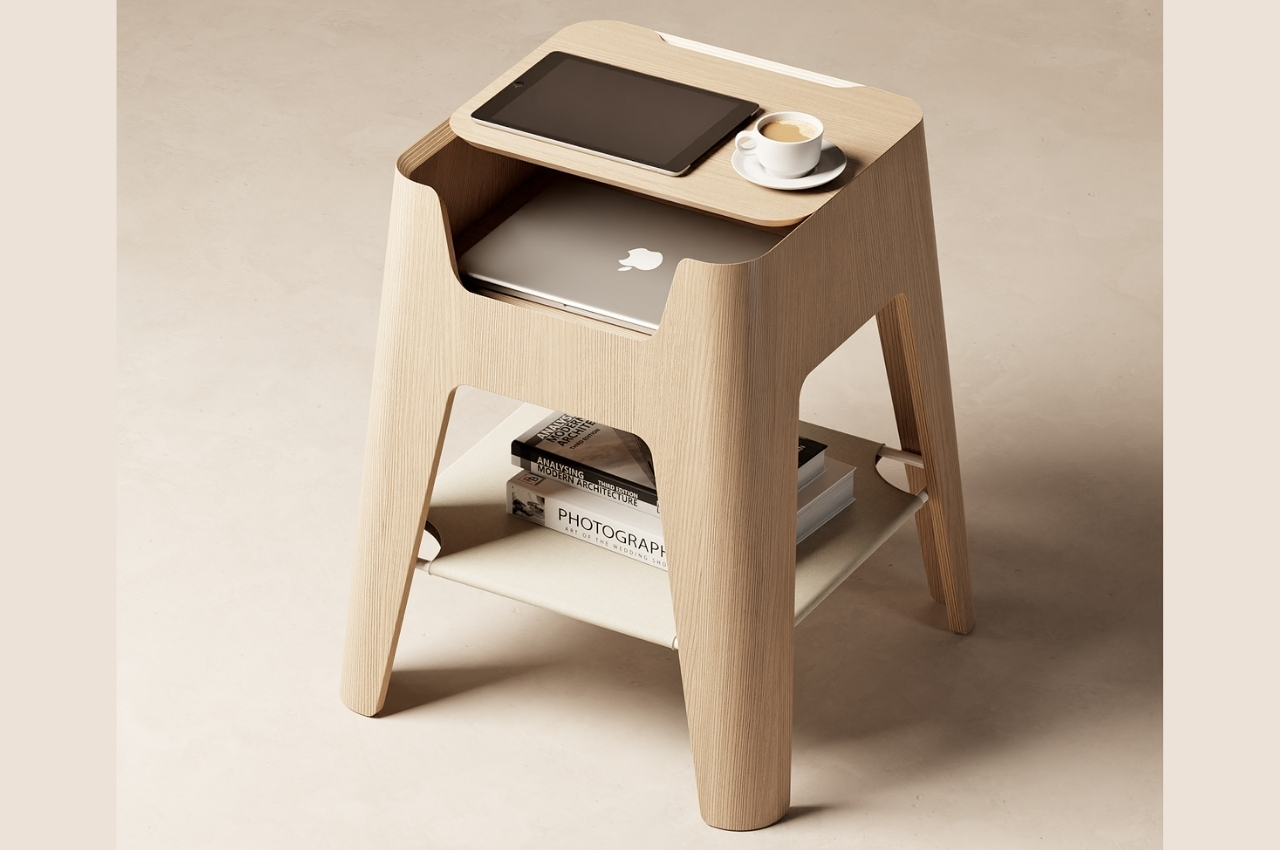 #Bedside table designed with a detachable laptop tray lets you store devices, cords, books