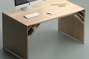 This minimalist single piece plywood table with storage makes for an undistracting workstation