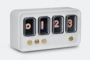 This tabletop clock with 4 LCD screens is a modern reinterpretation of the retro Nixie tube clock