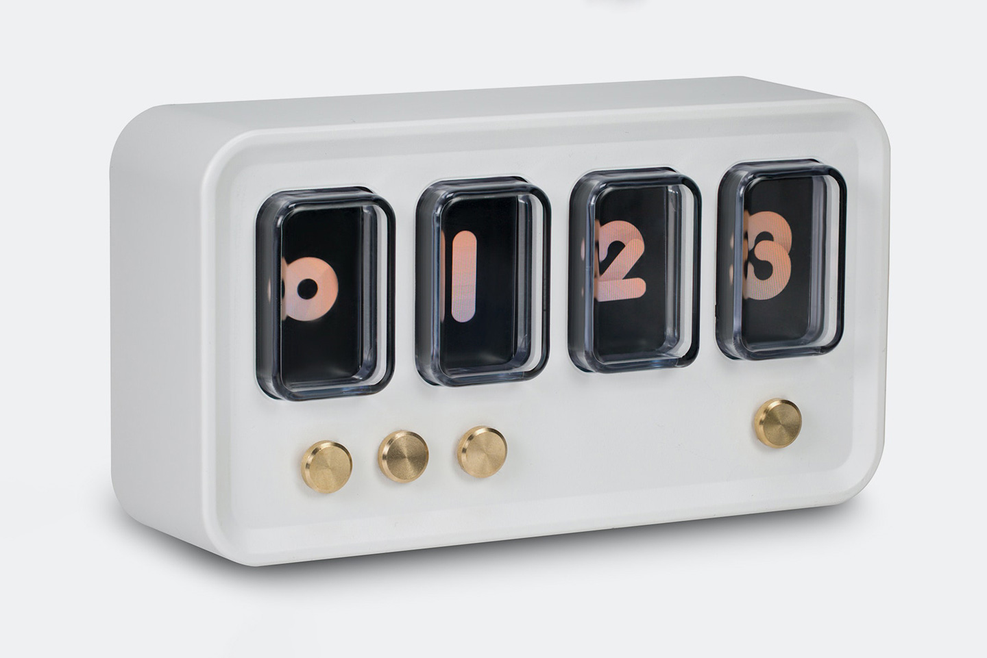 #This tabletop clock with 4 LCD screens is a modern reinterpretation of the retro Nixie tube clock