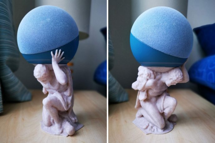 This Echo Dot speaker stand has the Greek God Atlas holding up your Alexa device