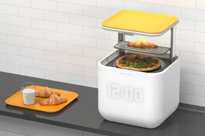 Unique microwave oven design comes with a vertical-popping tray, like a toaster
