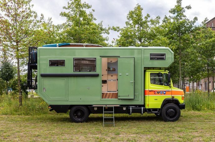 Retired Swiss fire engine transformed into a mobile home with spacious interiors to accommodate family of five