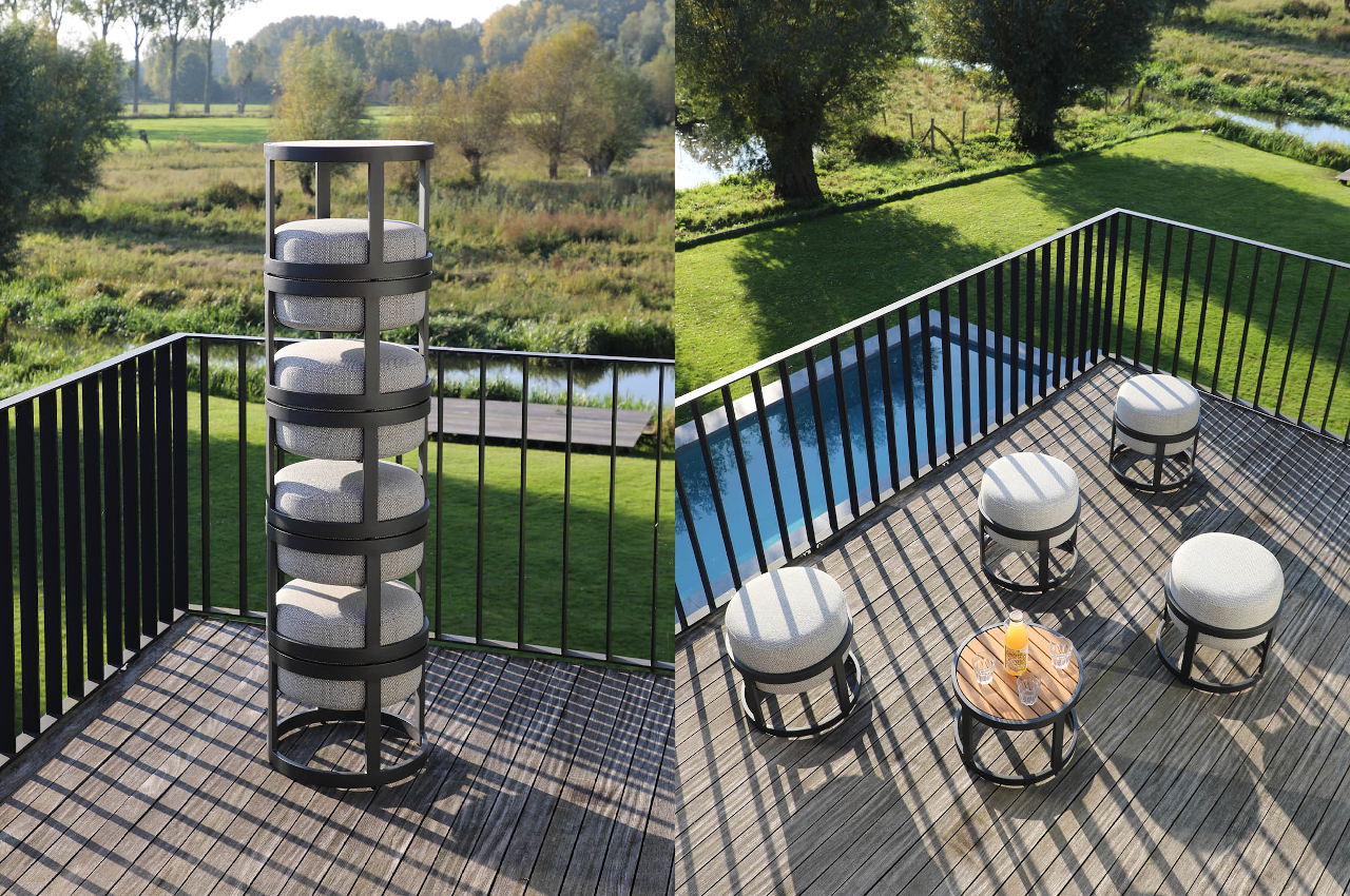 #These outdoor stools and table stack together like a totem pole to save space