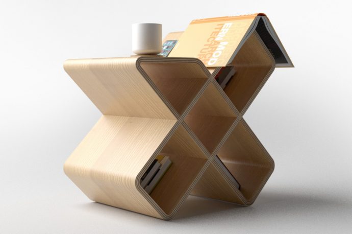 This asymmetrical wooden storage doubles as a beautiful side table