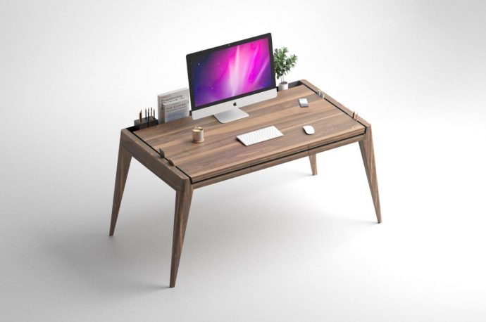 Three-Six desk has circumferential metal inlay for storage
