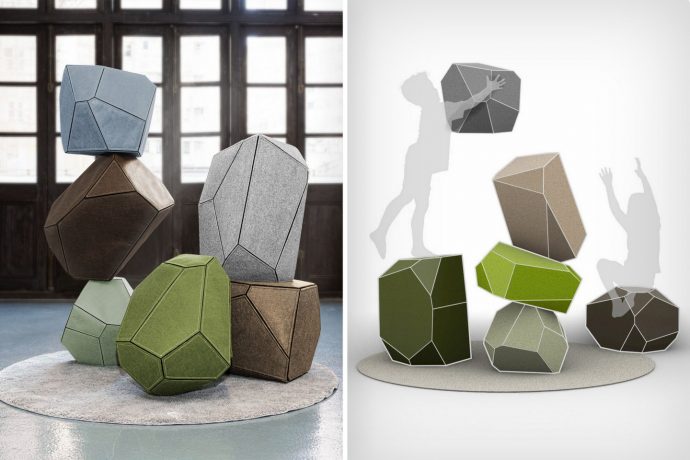 Rock-inspired Ottoman stools were also designed to be stacked and played with