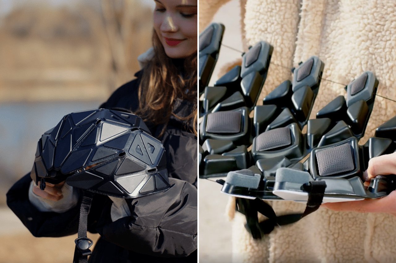 This origami-style fashionable helmet folds flat like paper to be stored conveniently in the backpack