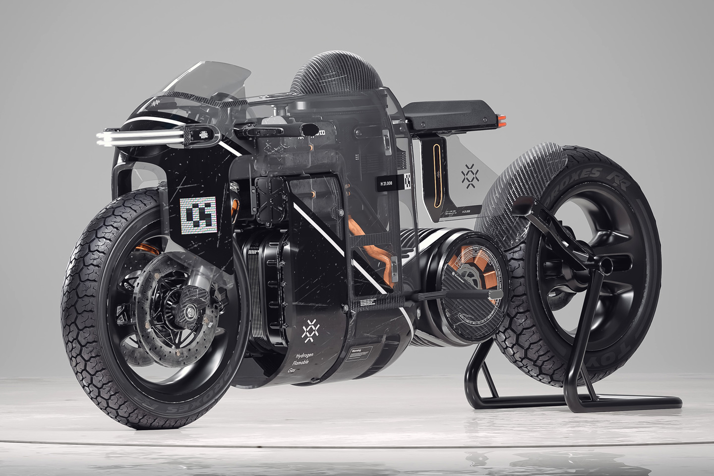 #This futuristic cyberpunk motorbike uses a hydrogen fuel cell that provides 100% clean energy