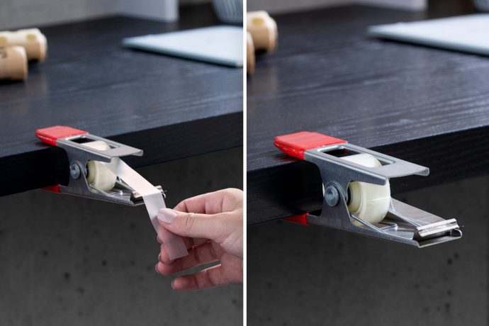 Clothespin-inspired tape dispenser clamps right onto the side of your study table