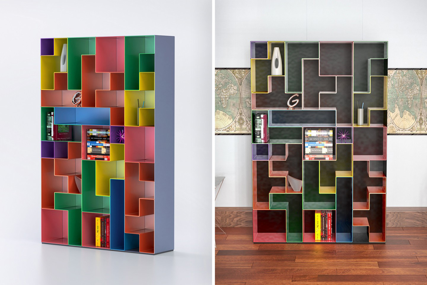 #Tetris-inspired bookshelf comes with individual modules that you can creatively assemble!
