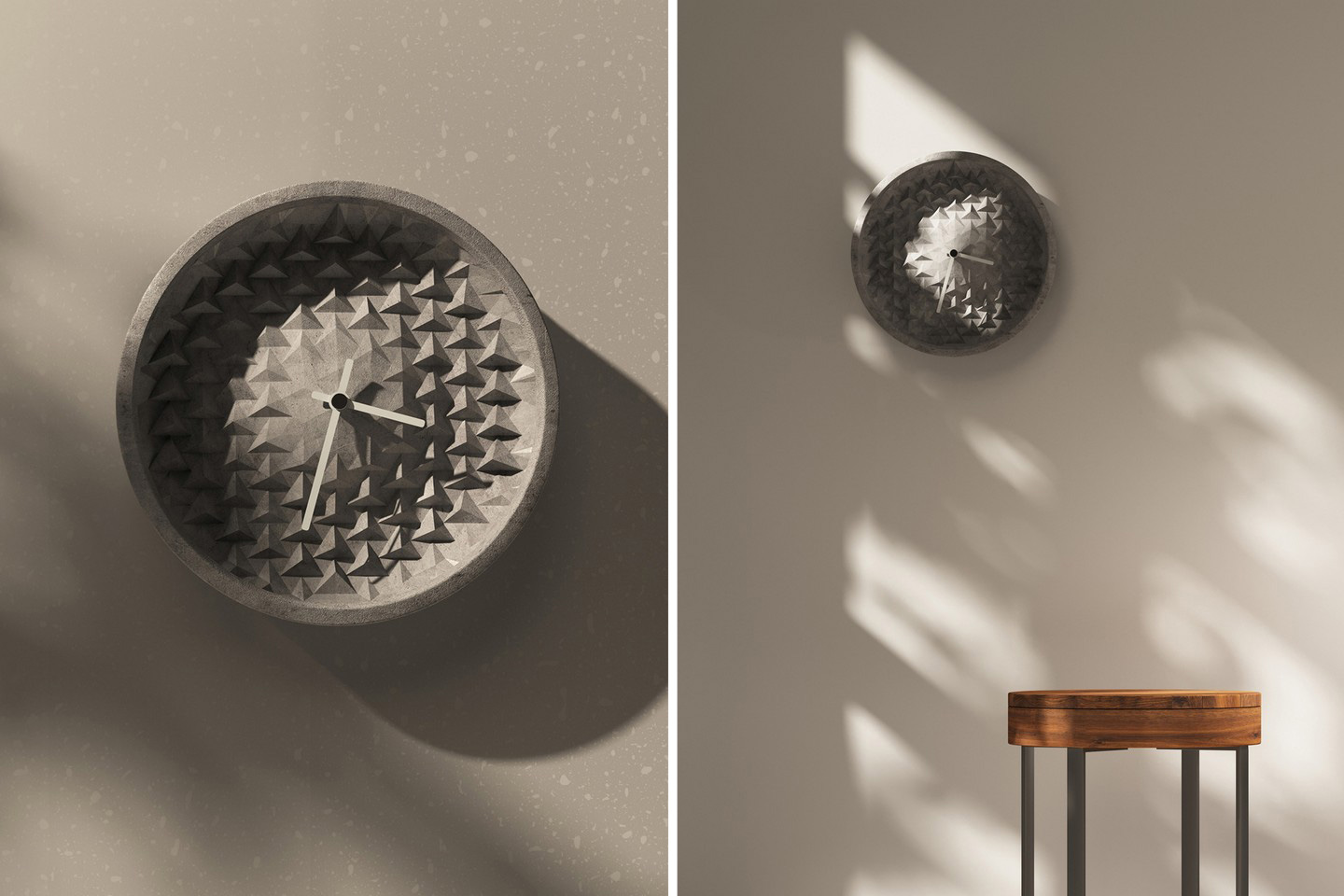 #This textured wall clock uses dynamic shadows that make its appearance change as the day passes