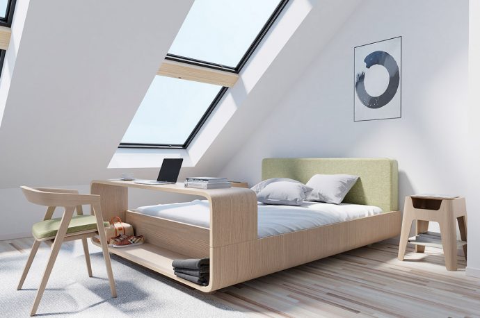 The Boomerang bed features an integrated table + storage area making it ideal for small homes